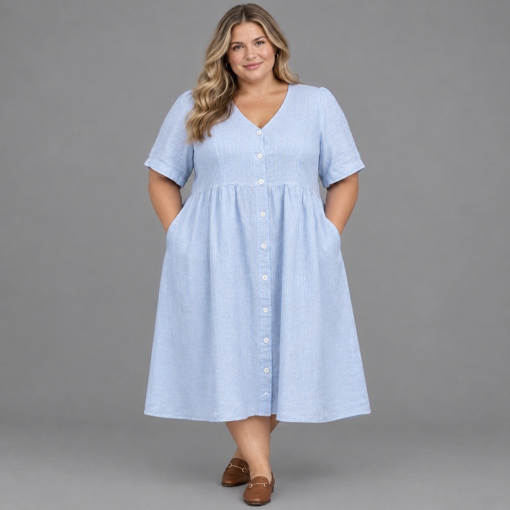 Madewell Linen Dress Womens Size 3X Cassie Blue Striped Button Front Pockets NWT